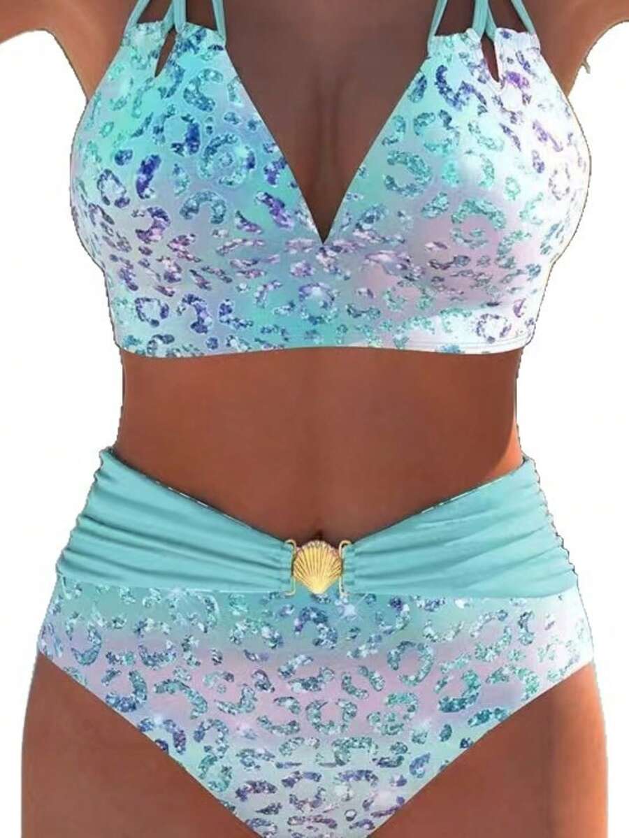 Women Swimwear Beach Suit Swimming Costume Summer Beach Festival Vacation Travel Fashion Elegant Exquisite Two Piece Bikini Set - 淺藍色 - 查看 1