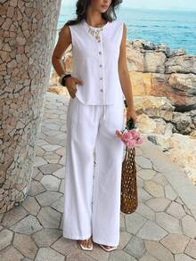 PoPoHouse 女士 100% 纯棉两件套，无袖纽扣门襟上衣搭配宽松阔腿裤，适合日常休闲办公通勤、夏季海滩度假外出穿着，白色套装 - 白色 - 查看 10