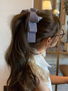 1个女士可爱格子蝴蝶结香蕉发夹，时尚格子大蝴蝶结发夹马尾夹，发饰（黑/白） - 彩色 - 查看 1