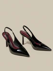 女士黑色漆皮尖头小猫跟鞋，优雅正式礼服鞋，时尚搭扣派对鞋，简约弹性后跟带 - 黑色 - 查看 6