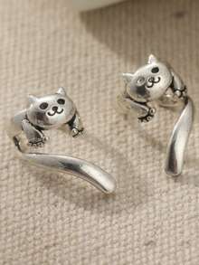 1 Pair Cute Retro Cat Clip-On Earrings, Creative Fashion Earrings, Perfect Daily And Festival Gift For Women - Antique Silver - View 6