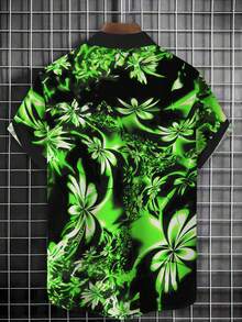 Hawaiian Gradient Floral Print Men's Button Pocket Short Sleeve Shirt - Green - View 2