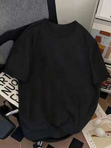 男士豹纹短袖T恤，简约圆领黑色休闲上衣，春季日常穿着 - 黑色 - 查看 2