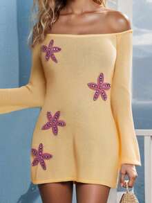 Women Starfish Sequin Mini Dress Off Shoulder Long Sleeve Knit Short Dress Sheer See Through Summer Beach Vacation Dresses - Màu vàng - Xem 1