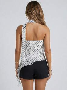 Women's Dot Print Tube Tops With Neckband Ruffle Asymmetrical Hem Summer Strapless Crop Bandeau - 米色 - 查看 2