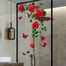 1pc Red Rose Vine Glass Sticker, Butterfly Floral PVC Glass Sticker, Suitable For Bathroom And Bedroom Glass Decor Window Sticker - Rose, Green Leaf, Butterfly - View 2