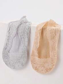 1/5/10双装女士夏季轻薄透气网眼镂空钩扣花朵硅胶防滑蕾丝船袜 - 彩色 - 查看 8