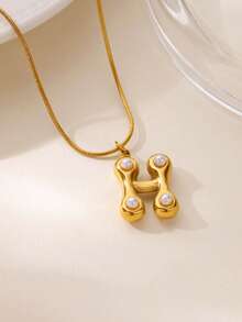 MECYLIFE 1件装时尚不锈钢26字母吊坠项链，镶嵌珍珠，女士项链 - 珍珠字母 - 查看 7