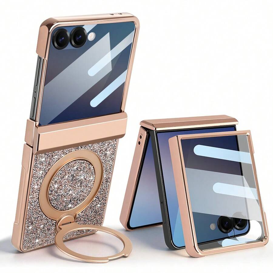 VIETAO Funda protectora para teléfono plegable Galaxy Z Flip 7/6 con Body completo, protector de pantalla de vidrio templado, con soporte circular, lentejuelas y cristales rhinestone, acabado brillante y chapado - Oro champán - Ver 1