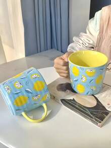 1 chiếc cốc sứ họa tiết chanh, màu xanh dương, cốc sáng tạo, dung tích lớn, thích hợp dùng cho bữa sáng ở văn phòng, nhà, tiệc tùng, làm quà tặng. - Màu xanh lam - Xem 1