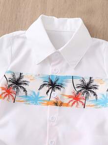 Toddler Boys' Spring/Summer Short Sleeve Shirt And Matching Allover Print Shorts 2-Piece Set, White Base With Orange, Blue And Palm Tree Prints, Suitable For Daily Outings, Beach Vacations, And Family Outings - White - View 7