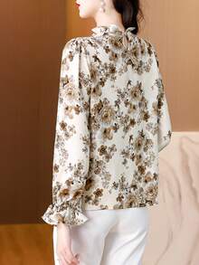 Bluză de damă cu mânecă lungă, imprimeu floral și volane ACE4603, elegantă, versatilă, pentru naveta zilnică, primăvară și vacanță - Kaki - Vizualizare 2