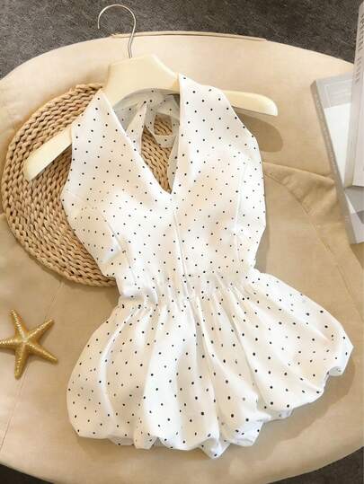 Women's Polka Dot Spaghetti Strap Tie Casual Elegant Versatile Camisole V-Neck Fitted Backless Bow Hem Cropped Tank Top, Spring/Summer, Women's Summer Outfit, Summer Top, Women's Beach Outfit, Women's Outerwear, Vacation, Seaside, Ruffle, Polka Dot