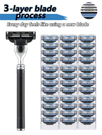 Maquinilla de afeitar de manual para hombres que viene con 3 capas de cuchillas afiladas de acero inoxidable, cuchillas reemplazables para un cambio rápido de cuchillas y un mango antideslizante ergonómico para un afeitado suave y sin residuos, lo que la hace duradera y de larga duración.