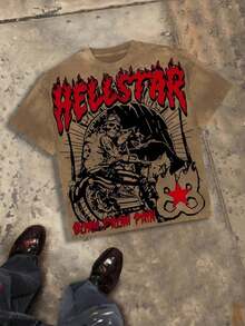 Skeleton Biker & Flame & Red Star Graphic Men's 230g Combed Cotton T-Shirt, Y2K Street Short-Sleeve Top, Summer Crew Neck Top, Y2K Streetwear Suitable For Summer Daily Casual Wear, Streetwear For Young People, Unisex,Camisas Para Hombre,Mens Clothes,Summer Outfits,Summer Tops,Graphic Tee,St Pattys Day Outfit,Easter Outfits,Spring Clothes - màu nâu cà phê - Xem 2
