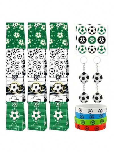 一套足球主题派对礼品套装，包含足球礼品袋、钥匙扣、硅胶腕带和贴纸；足球主题派对礼品、体育赛事奖品、足球联赛加油礼品、足球队纪念品、世界杯球迷纪念品、足球俱乐部招募礼品