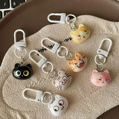 6pcs Round Face Cat Keychains, Cartoon Animal Resin Animal Accessories, Durable Keyring With Lobster Clasp, Decorative Birthday Gift Card Clip Keychain Set, Suitable For Bags And Car Keys