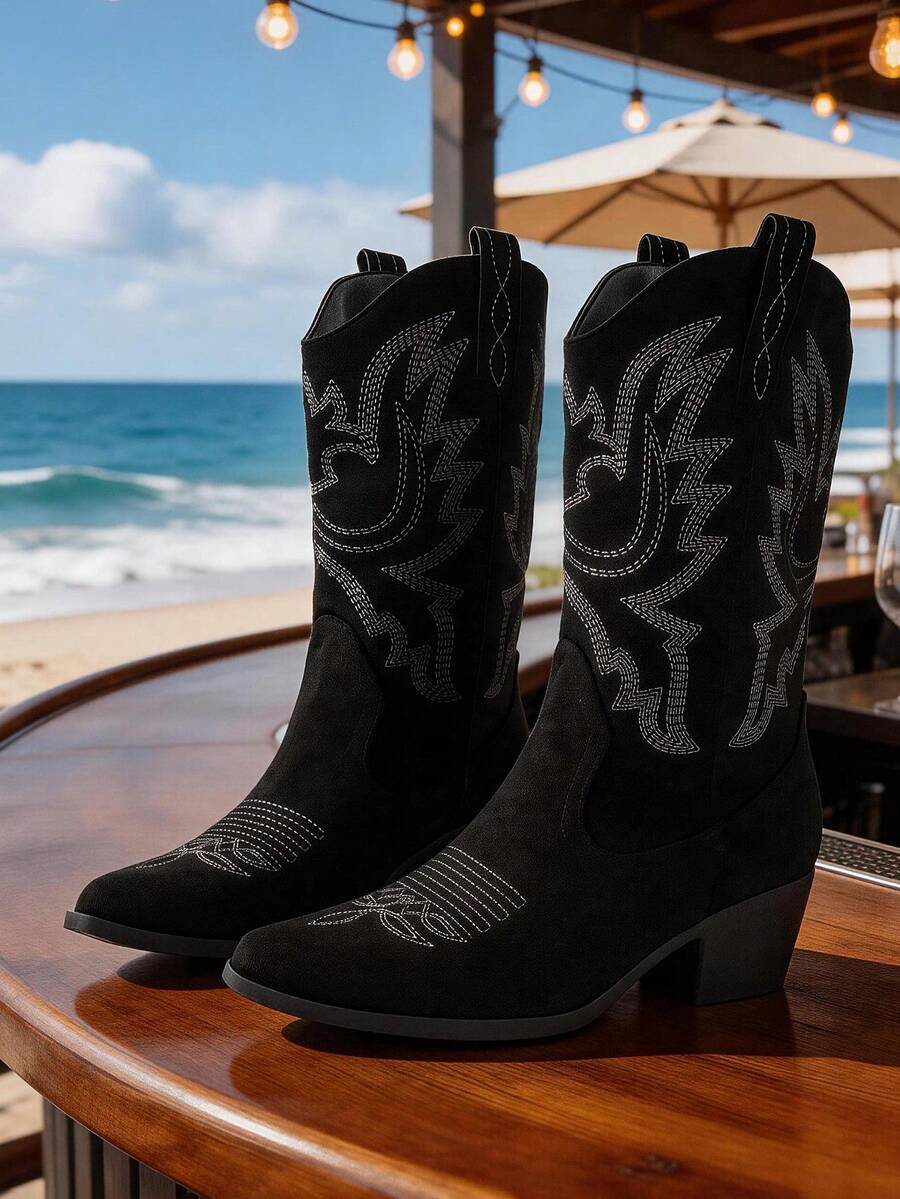 New Fashionable Versatile V-Neck Mid-Calf Boots, Pointed Toe Thick Bottom Chunky Heel, Western Boots, Knight Boots, Suitable For Vacation, Music Festival, Halloween - Black - View 1