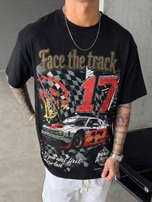 Áo thun nam dáng rộng phong cách đường phố FRACTYR "Face The Track" in hình xe đua, màu đen, kiểu hiphop, tay ngắn. - màu đen - Xem 2