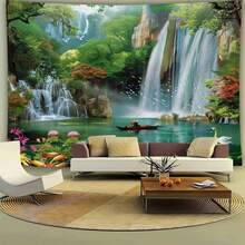 绿山瀑布挂毯，禅意自然风景艺术墙贴，适用于房间装饰、卧室装饰、客厅装饰、家居装饰、墙面装饰、房屋装饰、卧室挂毯、宿舍客厅卧室风景墙面艺术装饰、宁静自然主题挂毯，适用于家居房间装饰、静谧湖舟天鹅花卉墙面装饰 - 多色 - 查看 2
