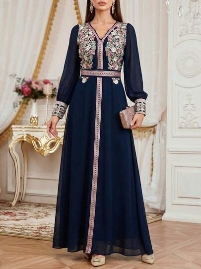 Solessence Women's Floral Embroidery Patchwork Modest Long Sleeve Abaya Dress Kaftan Arabian Dress