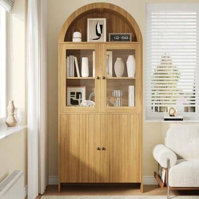 Arched Dining Room Cabinet, Glass Door Display Cabinet, Corrugated Closed Storage Cabinet, Living Room Cabinet