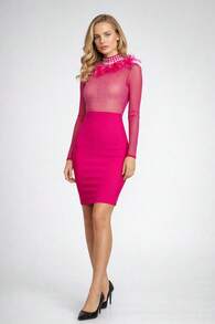 Women's Midi Sheath Dress, Sheer Top With Vertical Rhinestone Tulle, Long Sleeves, Glamorous Feathered Collar – Ideal For Chic Evenings, Cocktails, Clubs, Bars, Galas - Màu Hồng Tươi - Xem 1