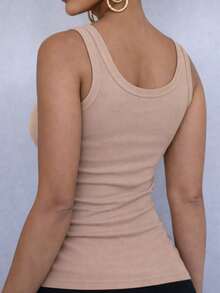 Women's Ribbed Tank Top With Square Neckline, U-Shaped Wide Straps, Premium Comfortable Ribbed Knit - Camel - View 5