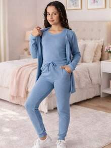 Girls' Winter Outfit Set: Charming And Comfortable (Ages 4 To 14) - 霧霾藍 - 查看 2