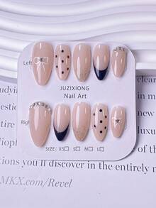 10片手工制作杏仁形黑色假指甲，法式尖头设计，黑色波点，渐变闪粉，白色钻石点缀，手绘白色蝴蝶结。简约多用途设计，时尚奢华高端质感。易于佩戴和卸除，方便打造各种美甲造型。 - 黑色 - 查看 3