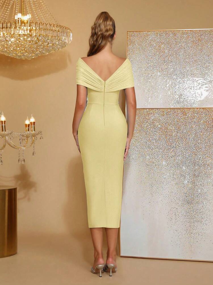 New Arrival Women's Black Sexy Off-Shoulder Backless Dress With Sparkling Rhinestone Floral Decor, Elegant For Wedding, Party, Holiday - Light Yellow - View 5