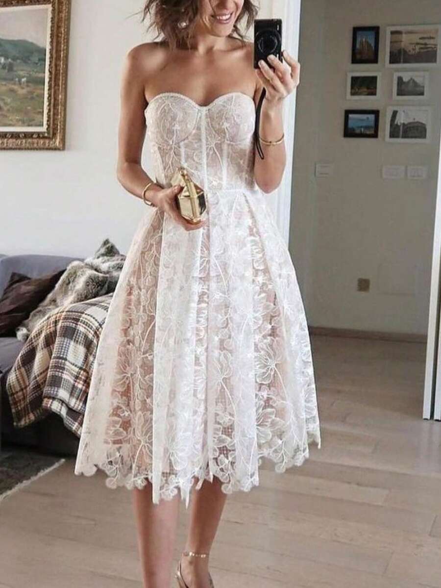 Dress Women's Skinny Bandeau Dress Sexy Embroidered Lace Dress - 白色 - 查看 1