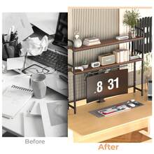 Bookshelf For Desk,2-Tier Desktop Bookshelf - Metal Desktop Bookshelf Organizer,Desk Book Organizer With 3 Hooks & DIY Storage Mesh,Suitable For Office/Game Room/Study/Powder RoomPerfect For Organizing Books, Magazines, Office Supplies(Brown) - màu nâu - Xem 8