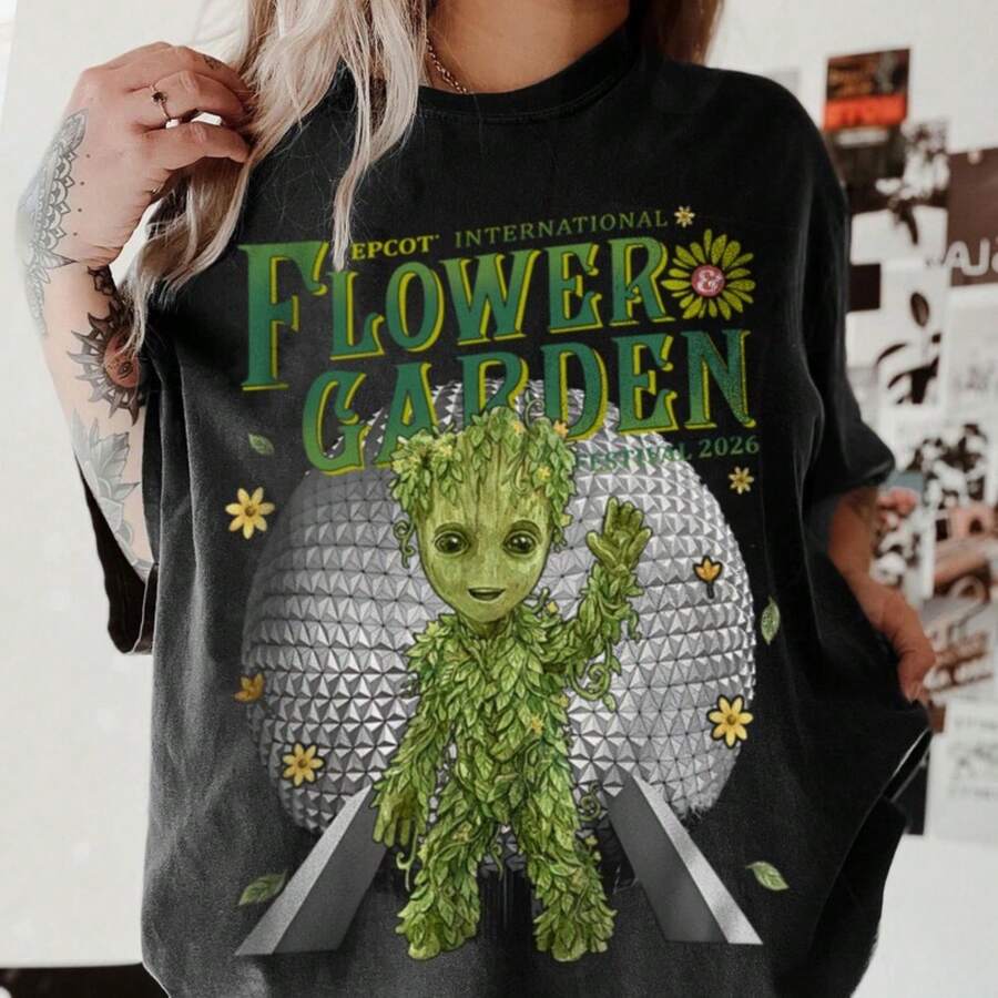 Groot Epcot Flower Garden Epcot Park 2026 Comfort Color Shirt, Trending Unisex Tee, Disneyland Trip Shirt 2026 - 黑色 - 查看 1