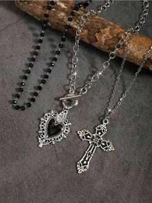 3pcs Vintage Gothic Style Beaded Black Heart OT Chain, Punk Rock Retro Sweet Goth Necklace, Dark Gothic European & American Y2K Choker Necklace Design European American Style Stackable Clavicle Chain Jewelry All-Match Design Everyday Wear Evening Party Street Style Her Female Friends Lover Festival Accessories - 銀 - 查看 3