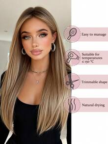 Trending 20inchLong Layered Ash Blonde Highlight Synthetic Wig With Middle Part, Natural Looking Straight Wig For Women, Daily & Party Wear - Camel - View 7