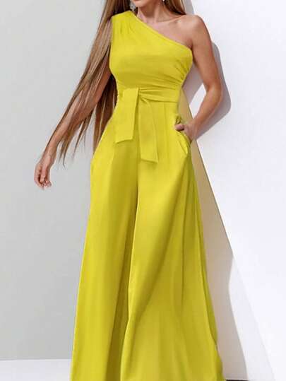Women's Solid Color Sleeveless Belted Jumpsuit, Summer Elegant