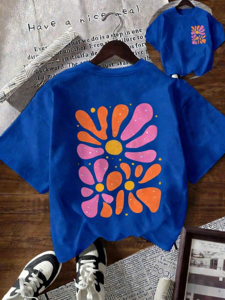 Boho-inspiriertes Damen Blau Baumwolle Kurzarm T-Shirt, Regular Fit mit farbenfrohem abstraktem Blumenmuster, Rippstrick Rundhals Lässig Stil, Ausflüge, Y2K - Cailan - Übersicht 1