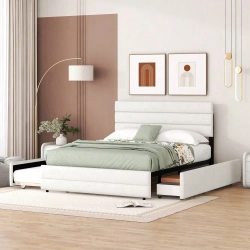 140 X 200 Plattformbett Mit Räummaschine Für Zwei Personen Und Zwei Schubladen, Grau - Beige - View 1