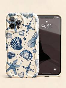 1pc Ocean Element Retro Artistic Starfish Shell Bubble Pattern Full Coverage Cream Texture Asymmetrical Wavy Edge Unique Soft Phone Case Compatible With IPhone 11/12/13/14/15/16/17 Pro Max - Multicolor - View 2