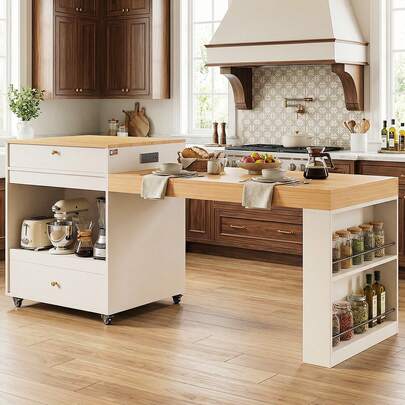 82.7" Kitchen Island With Extendable Dining Table For 4-6 Seating, Kitchen Storager With 2 Drawers, 2 Side Open Shelves, Cabinet With Adjustable Shelf, Multifuncion Island Storager Table With 2 Wheels For Kitchen Dinning House Bar, White Oak