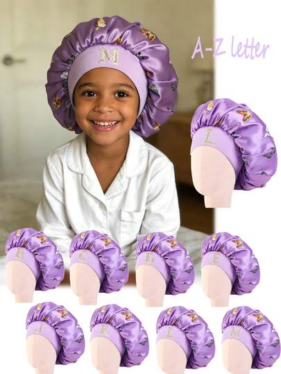 1PC Children's Smooth Satin Bonnet With Letter, Fashionable And Comfortable Sleep Cap, Breathable And Non-Slip, Daily Hair Care Hat