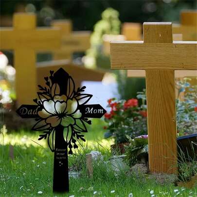 Memorial Cross Plaque For Dad And Mom, Floral Gravestone, Elegant Black And White Design, Suitable For Outdoor Cemetery Or Yard Decor
