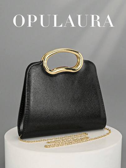 1件 OpulAura 晚宴手提包，时尚优雅奢华合成革晚宴钱包，独特闪亮金属手镯化妆包，便携式钱包，带金属链斜挎包，适合婚礼、庆典、派对等场合，黑色包包