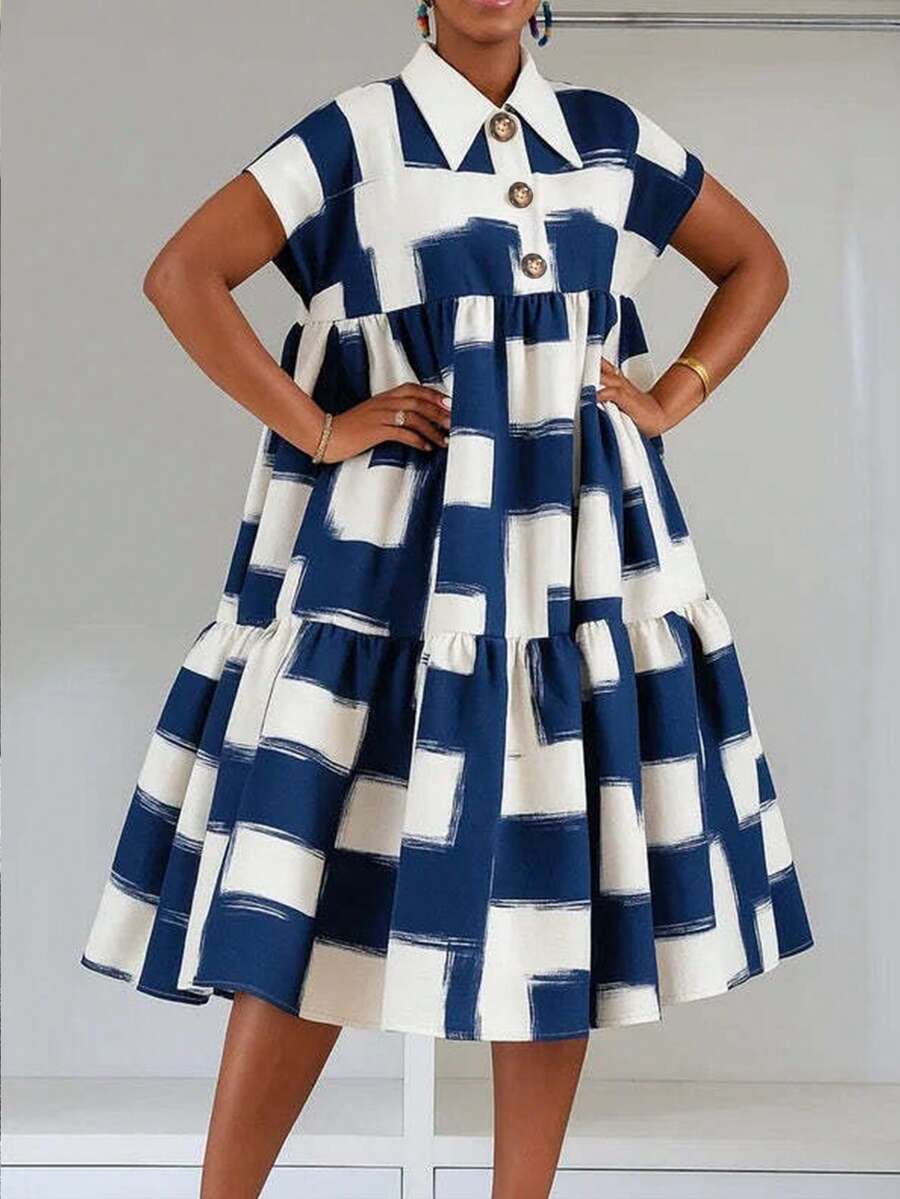 Plus Size Color Block Floral Print Ruffle Collar Dress, Elegant Ladies Beach Dress, Suitable For Thanksgiving, Graduation, Minimalist Dress, Summer - Blue - View 1