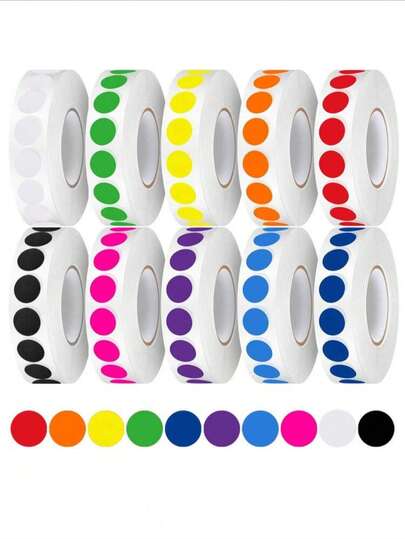 1000张彩色波点贴纸，实心圆形彩色编码标签卷，自粘圆形波点贴纸，圆形波点标签，适用于办公室、教室、家庭、节日庆典、节日墙面装饰、学校使用、情人节装饰