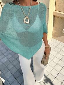 FOR BEAUTY Women's Summer New Knit Top, Casual Style, Light Green Solid Color Loose Shoulder Cover, Bohemian Style, Suitable For Beach And Vacation - Mint Green - View 9