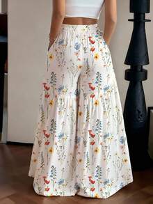 女士印花阔腿裤，梭织面料宽松长裤 - 白色 - 查看 2
