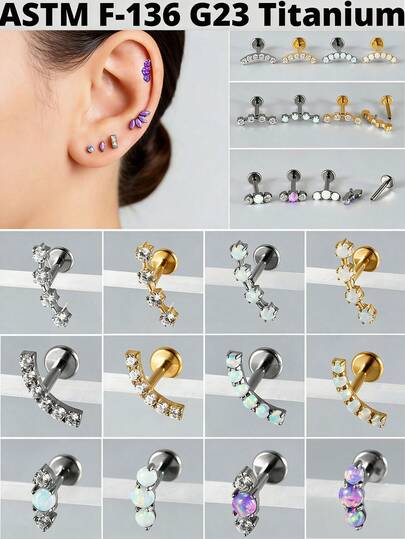 1PC G23 Khuyên tai sụn tai bằng titan nguyên khối đính đá Opal 16G, ren trong, kiểu cụm đá Opal/CZ, trang sức xỏ khuyên vành tai (tragus).