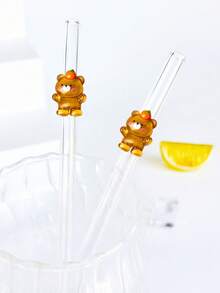 1/2/4入組可重複使用卡通玻璃吸管，內含熊熊裝飾，透明彎曲玻璃飲用吸管餐具組，適用於廚房配件、吸管蓋、冷飲、奶茶、咖啡、果汁、居家、餐廳、節日用品、夏季、畢業季 - 款式3 - 查看 6